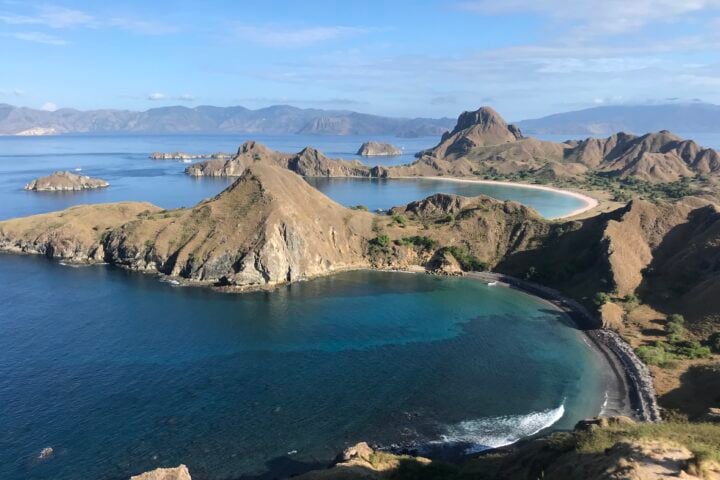View of volcanic islands and sea from viewpoint